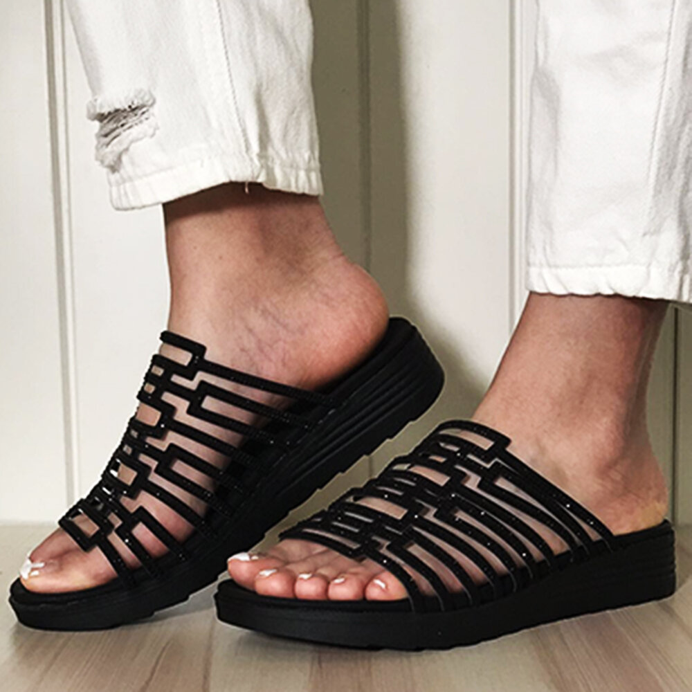 Women Rhinestone Decor Hollow Out Platform Casual Slippers Women Rhinestone Decor Hollow Out Platform Casual Slippers
